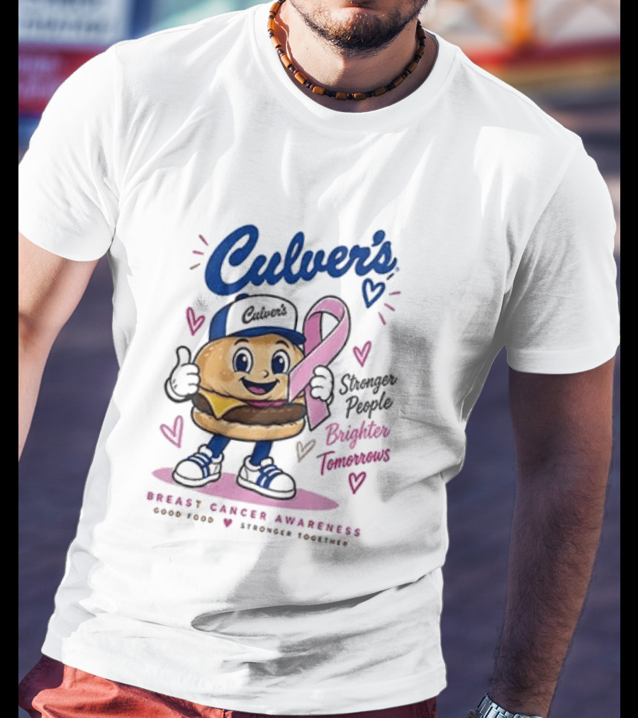 Culver's Breast Cancer Awareness Stronger People Brighter Tomorrows Burger Character With Pink Ribbon T-Shirt