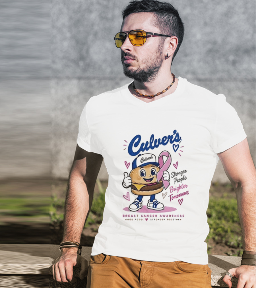 Culver's Breast Cancer Awareness Stronger People Brighter Tomorrows Burger Character With Pink Ribbon T-Shirt