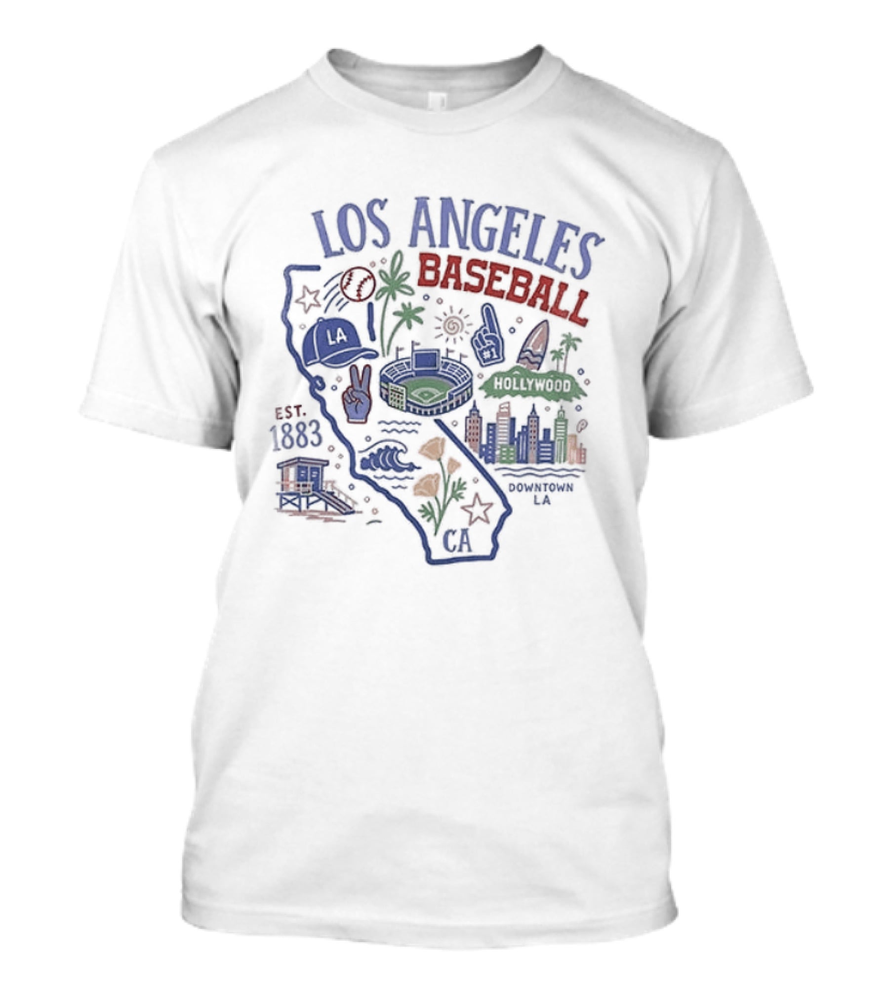 Los Angeles Baseball Est 1883 California Map Stadium And Poppy Flowers T-Shirt