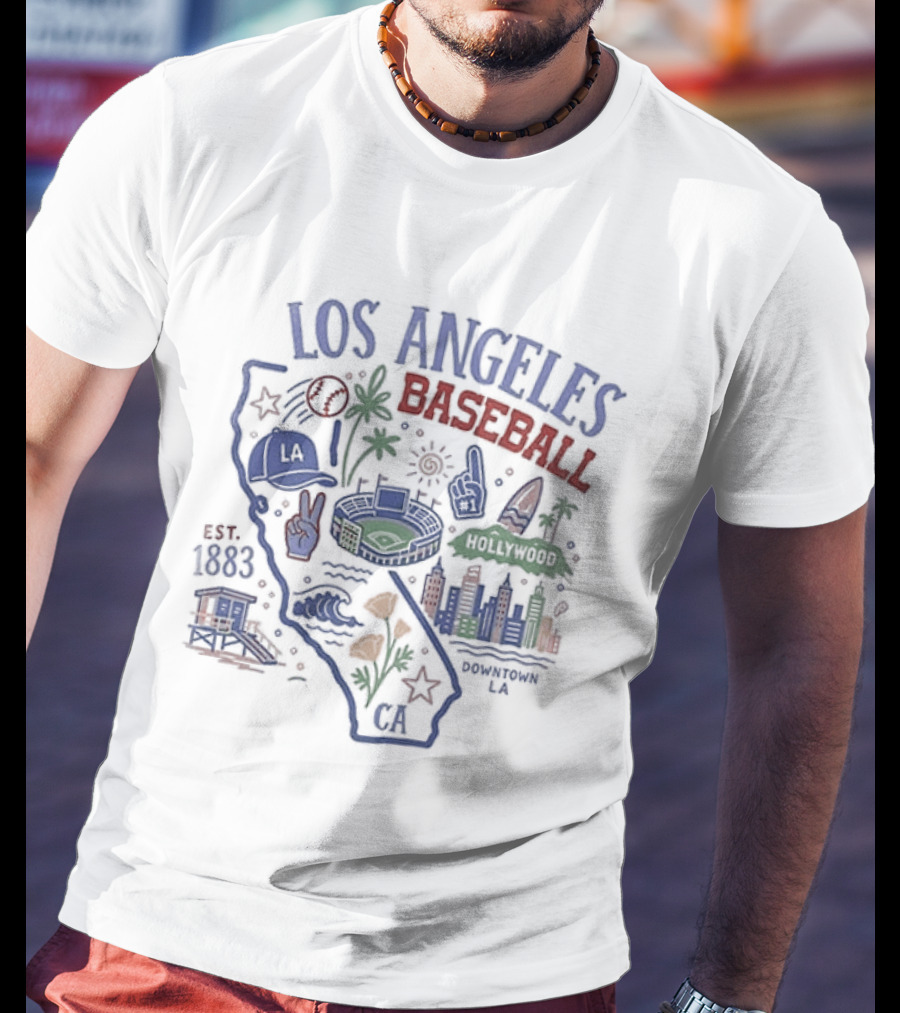 Los Angeles Baseball Est 1883 California Map Stadium And Poppy Flowers T-Shirt
