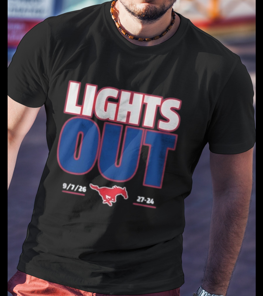 SMU Mustangs Football Lights Out 9 7 26 27 24 T-Shirt