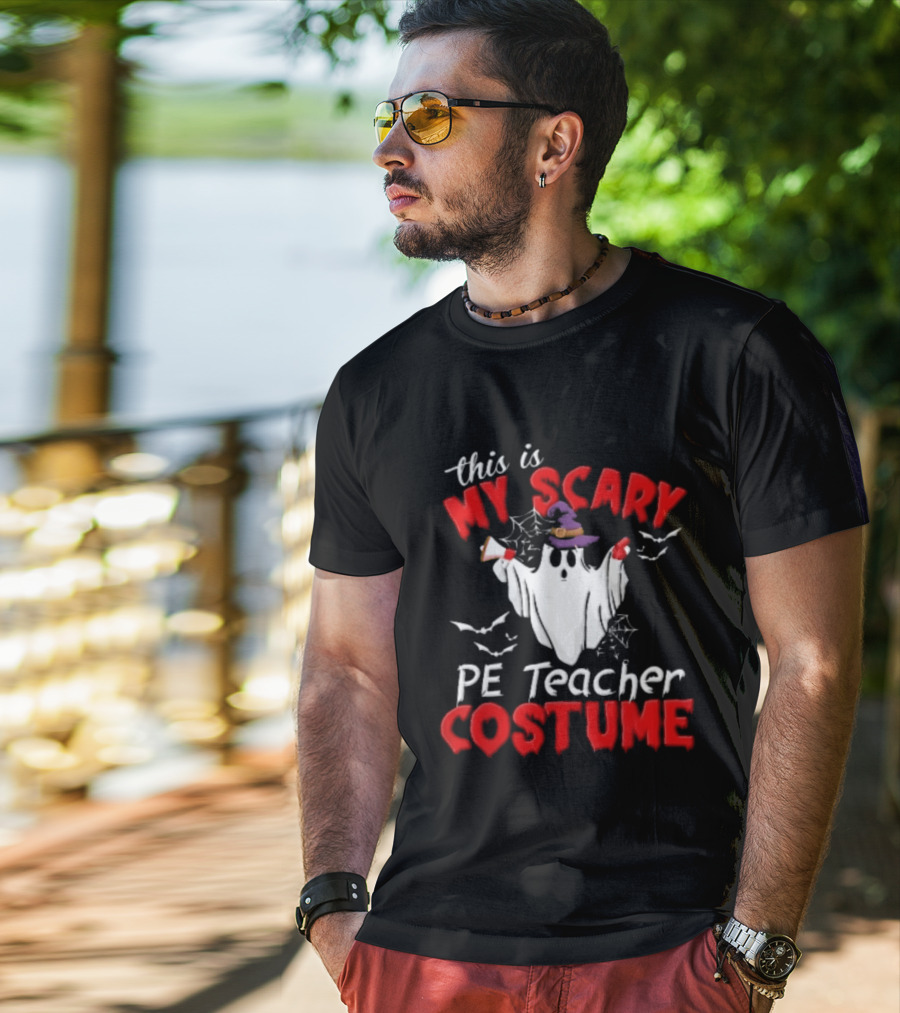 Scary PE Teacher Costume Ghost Witch Hat Whistle Megaphone Halloween T-Shirt
