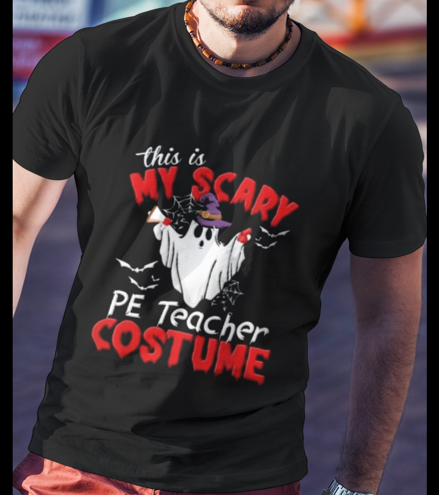 Scary PE Teacher Costume Ghost Witch Hat Whistle Megaphone Halloween T-Shirt
