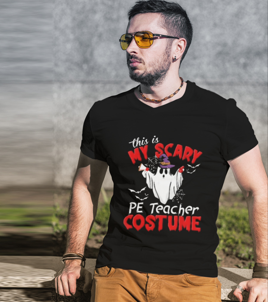 Scary PE Teacher Costume Ghost Witch Hat Whistle Megaphone Halloween T-Shirt