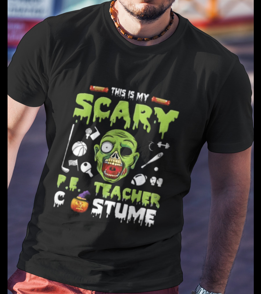 This Is My Scary PE Teacher Costume Zombie Head Sports Equipment Pumpkin T-Shirt
