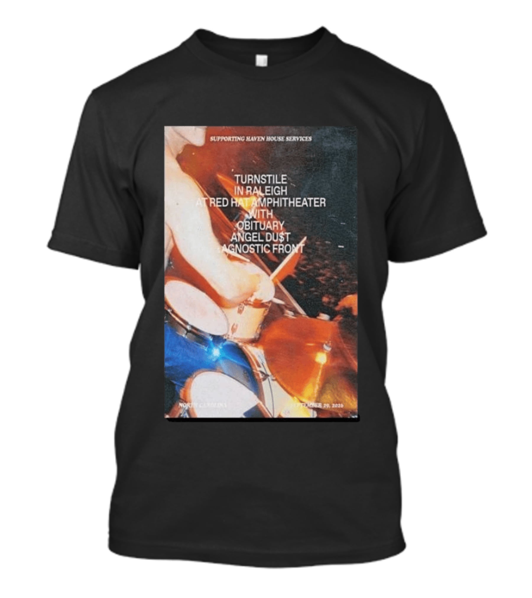 Turnstile Raleigh Red Hat Amphitheater September 29 2026 Obituary Angel Dust Agnostic Front Concert Supporting Haven House Services T-Shirt