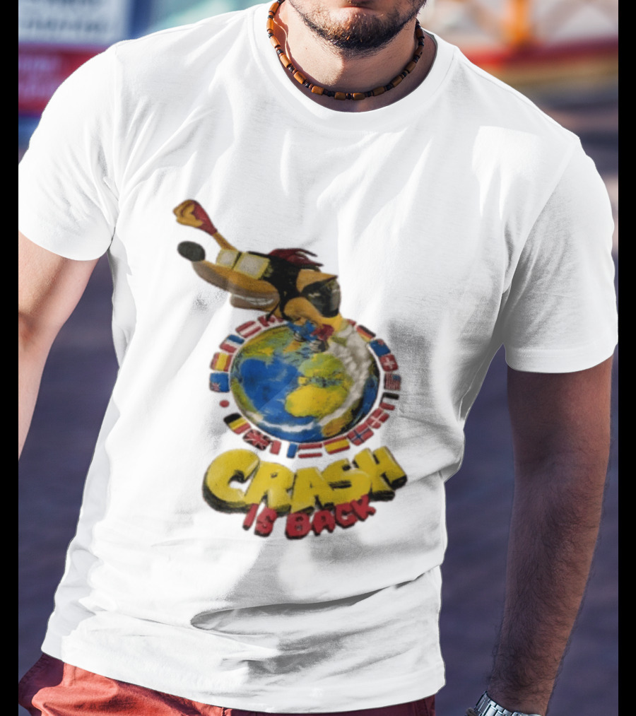 Crash Is Back Jetpack Adventure World Flags Globe Cartoon T-Shirt