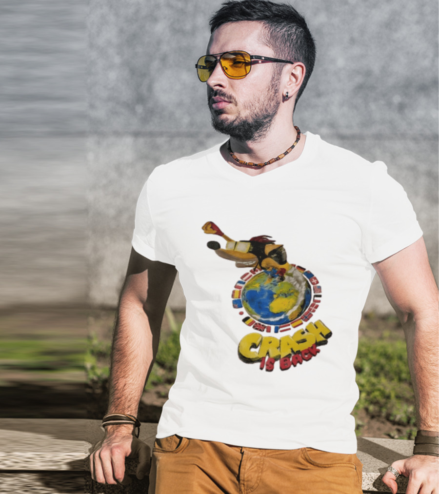 Crash Is Back Jetpack Adventure World Flags Globe Cartoon T-Shirt