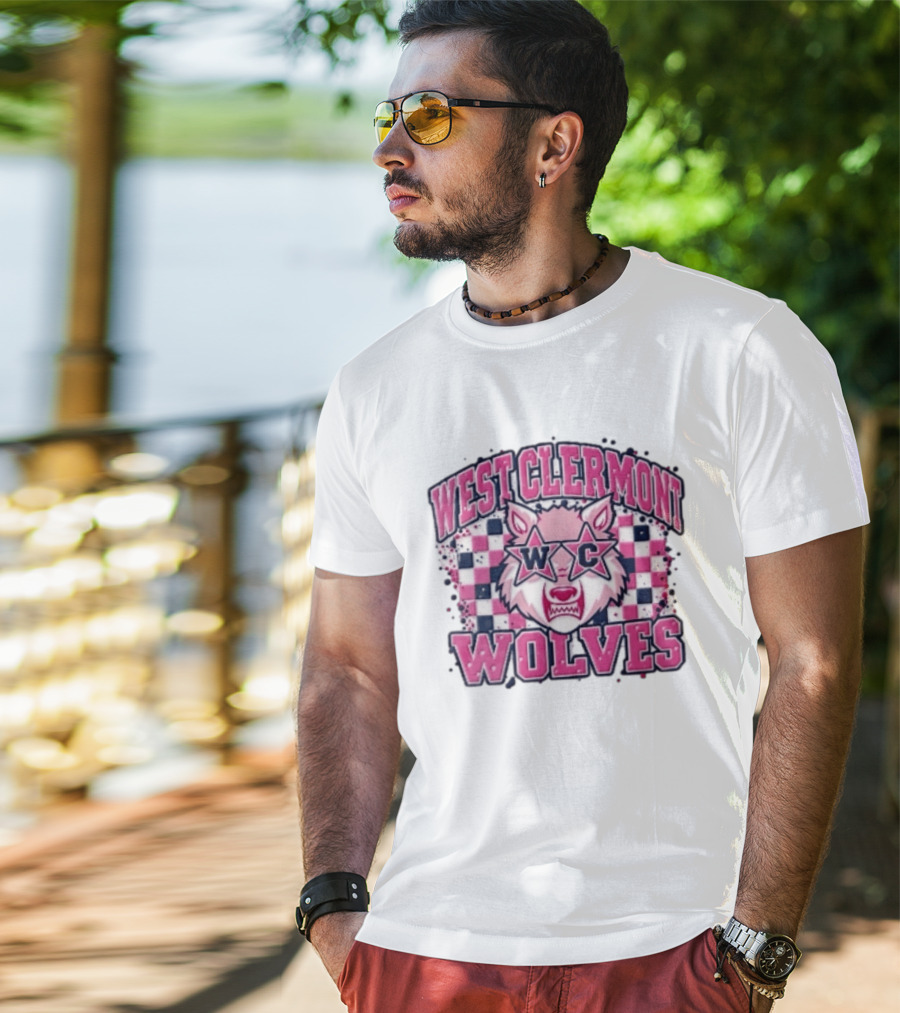 West Clermont Wolves WC Pink Star Sunglasses Checkered T-Shirt