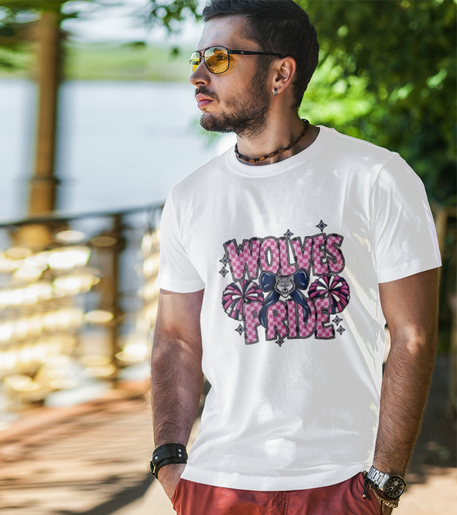Wolves Pride Pink Checkered Cheerleading Pompoms And Wolf Bow T-Shirt