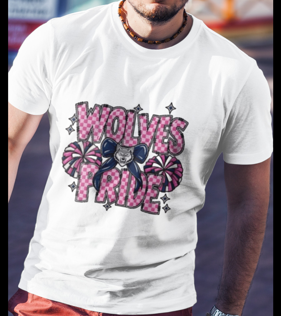 Wolves Pride Pink Checkered Cheerleading Pompoms And Wolf Bow T-Shirt