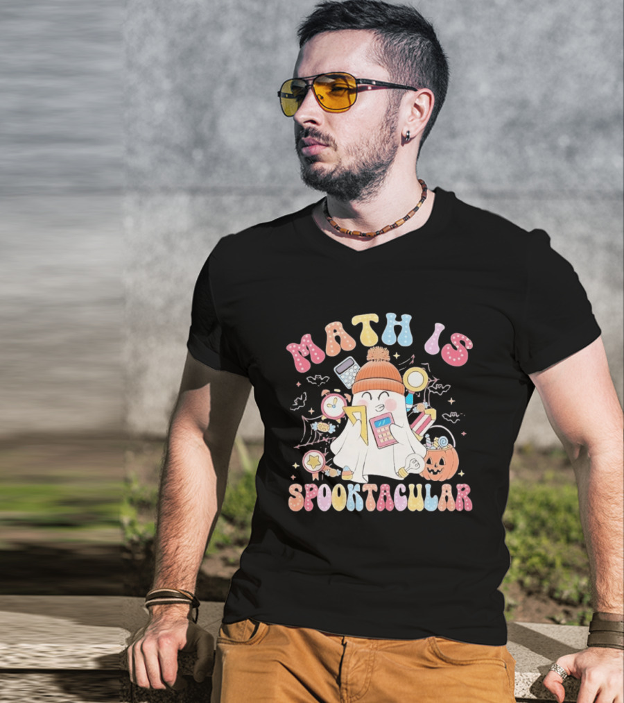 Math Is Spooktacular Ghost Halloween Teacher Kawaii Pumpkin Calculators T-Shirt