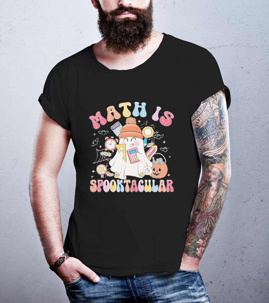 Math Is Spooktacular Ghost Halloween Teacher Kawaii Pumpkin Calculators T-Shirt