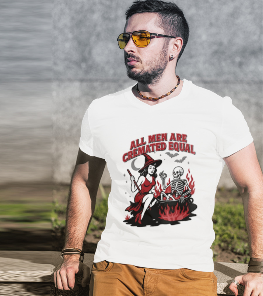All Men Are Cremated Equal Witch Skeleton Cauldron Halloween T-Shirt