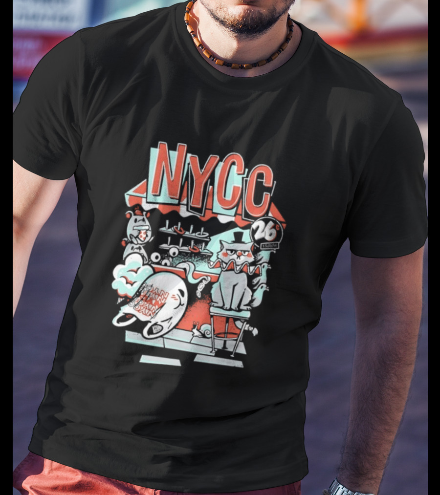 NYCC 26 Cent 1 Throw Carnival Cat Retro Style Comic Fairground Fun T-Shirt