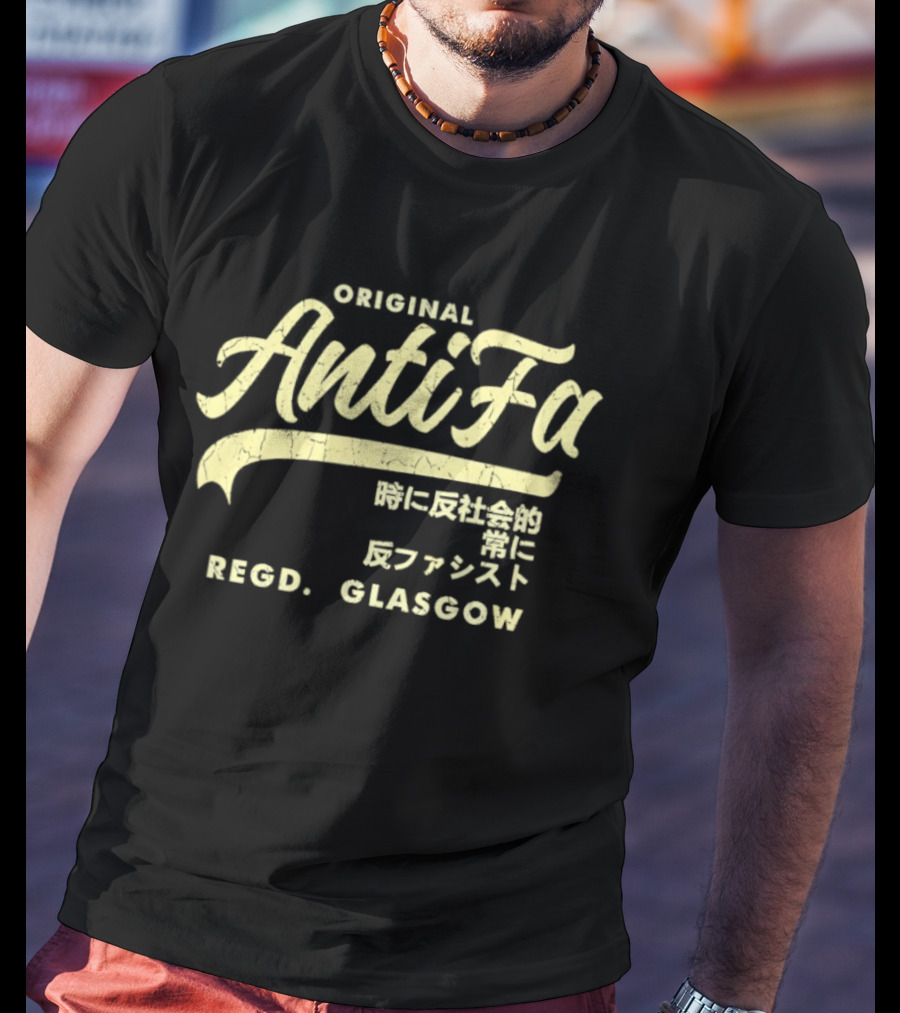 Original AntiFa Regd Glasgow Distressed Japanese Text Anti Fascist T-Shirt