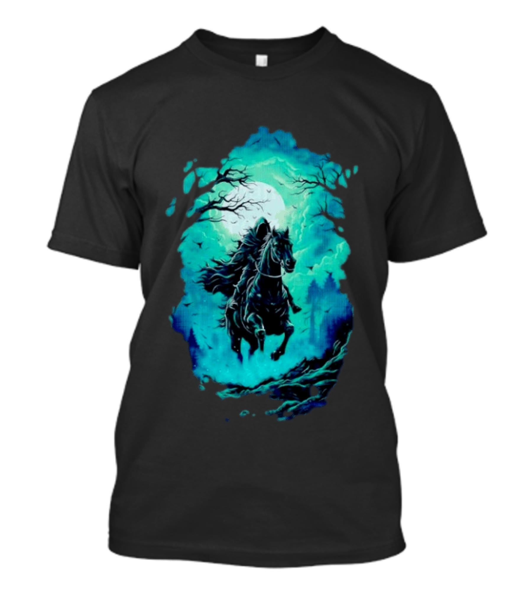Headless Horseman Eerie Night Ride Through Spooky Forest T-Shirt