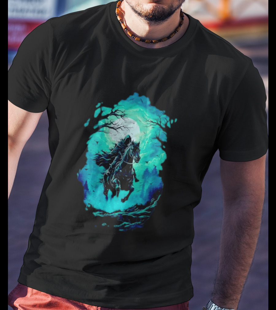 Headless Horseman Eerie Night Ride Through Spooky Forest T-Shirt