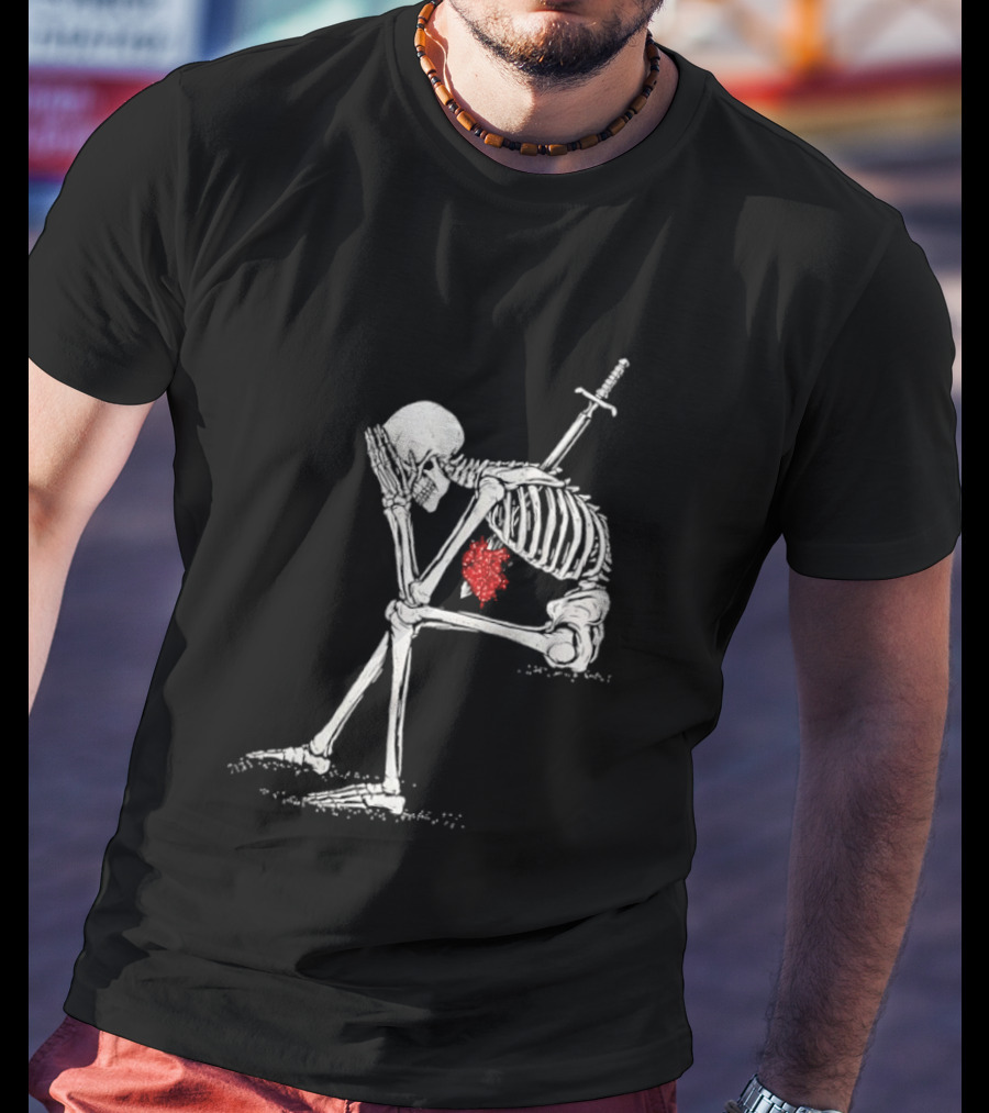 Sad Skeleton With Sword And Bleeding Heart Drawing T-Shirt