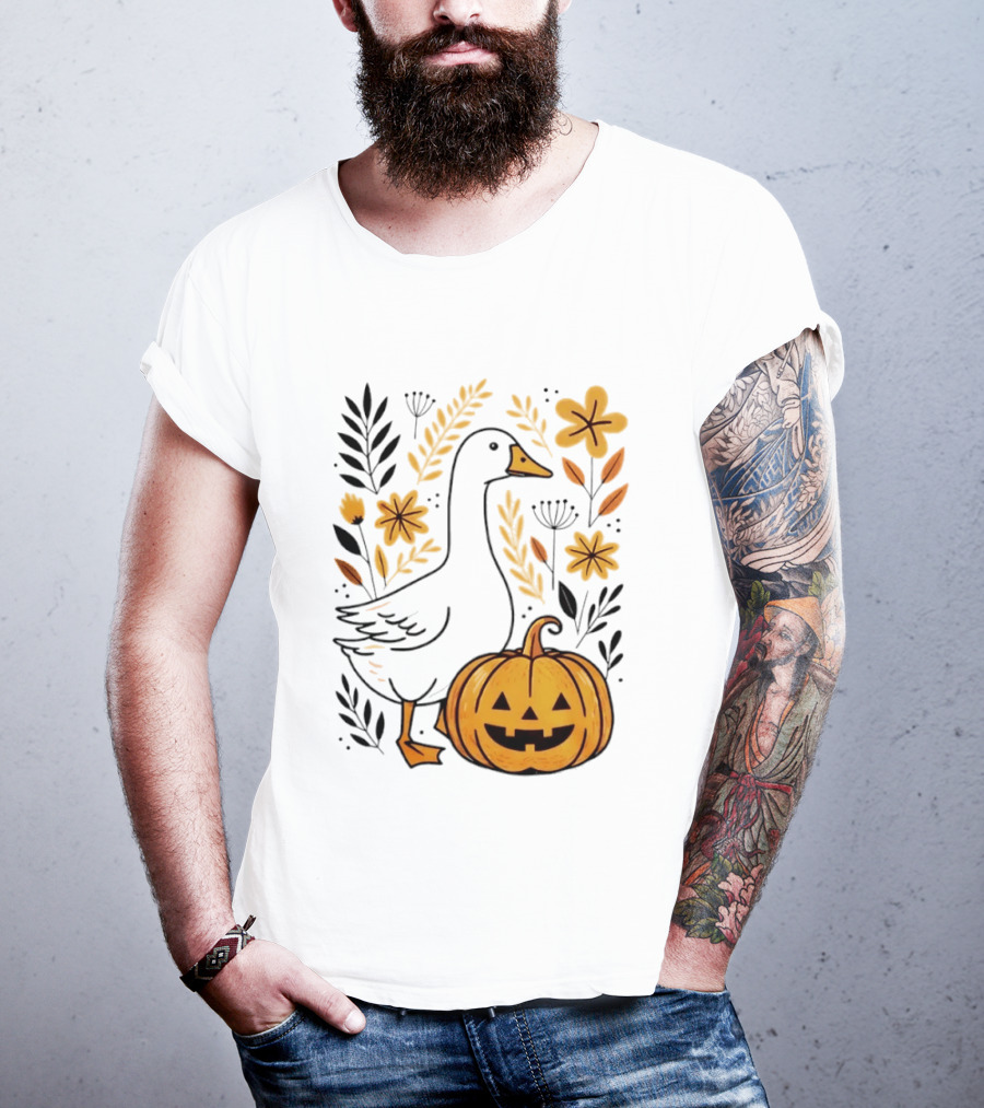 Pumpkin Jack O Lantern Goose Fall Farmhouse Floral Halloween T-Shirt