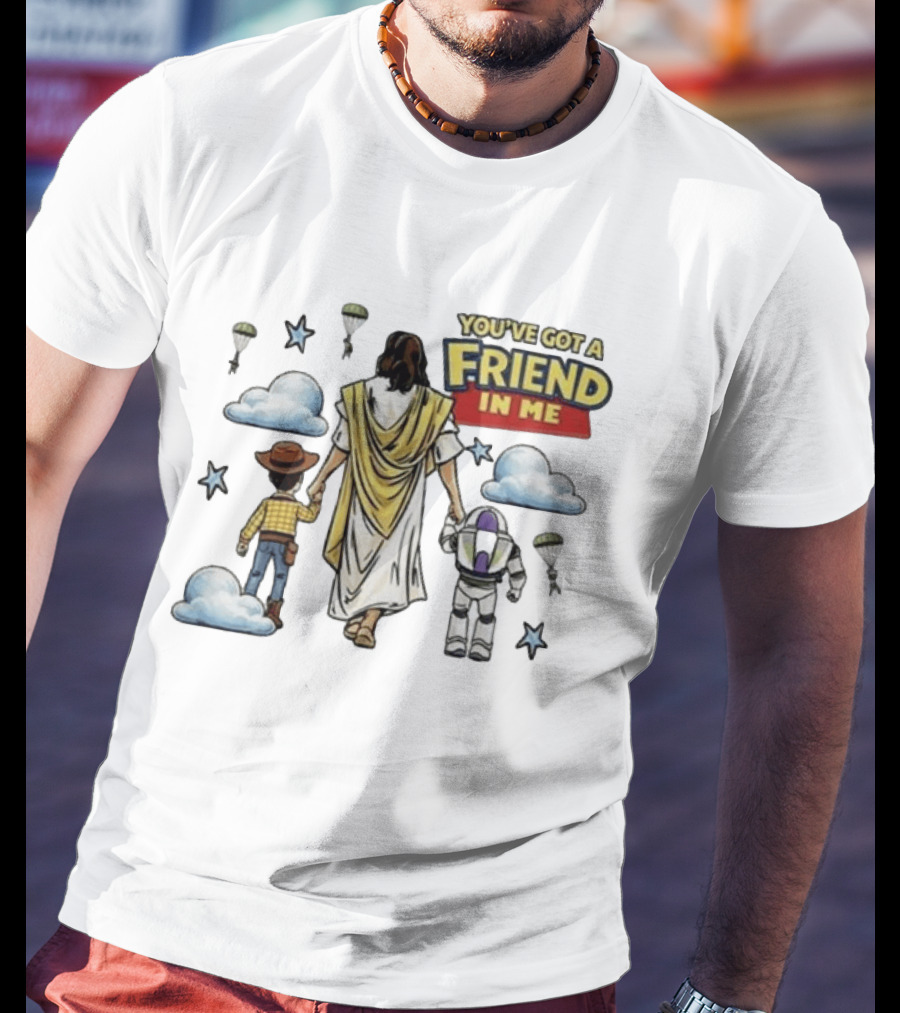 You've Got A Friend In Me Jesus Woody Buzz Lightyear Parachutes Clouds Stars T-Shirt