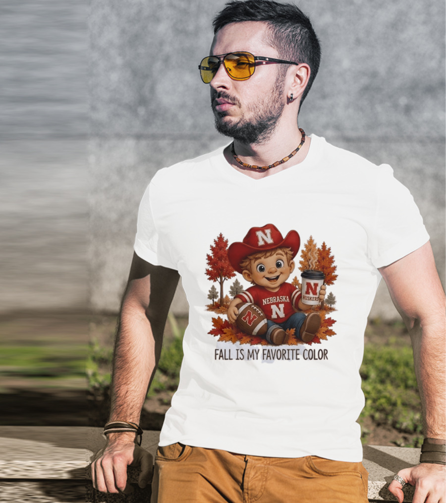 Nebraska Huskers Fall Football Kid Holding Coffee And Ball T-Shirt