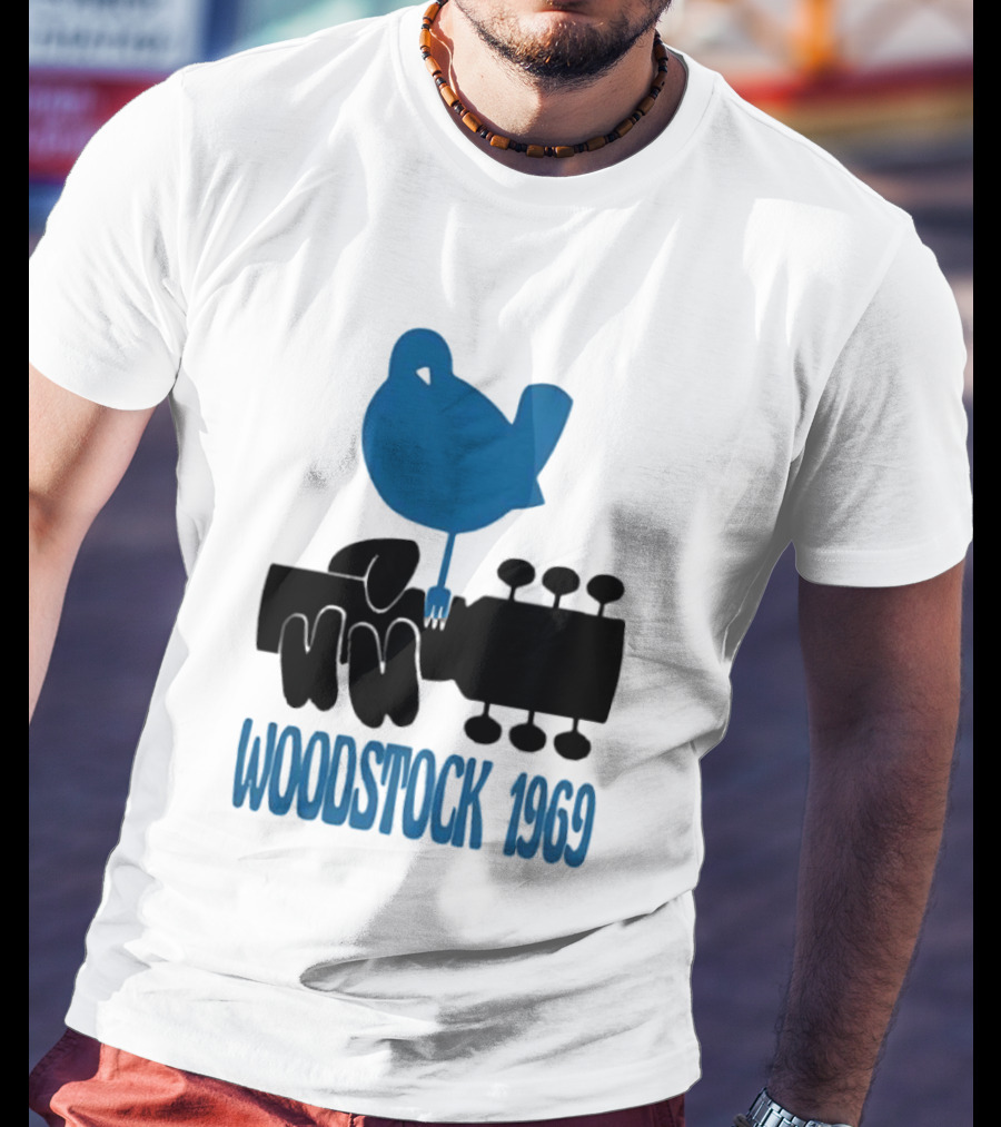 Woodstock 1969 Music Festival Bird On Guitar Neck T-Shirt