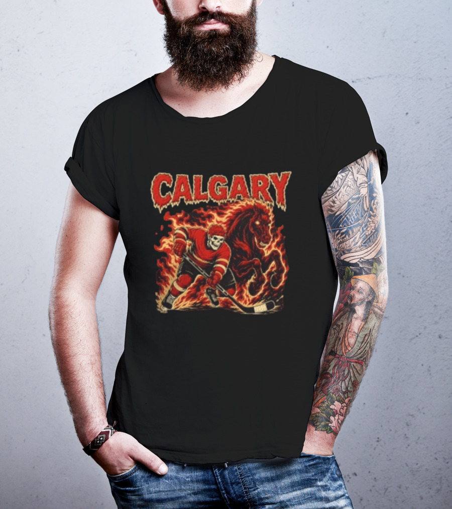 Calgary Flames Skeleton Hockey Player With Fiery Horse T-Shirt