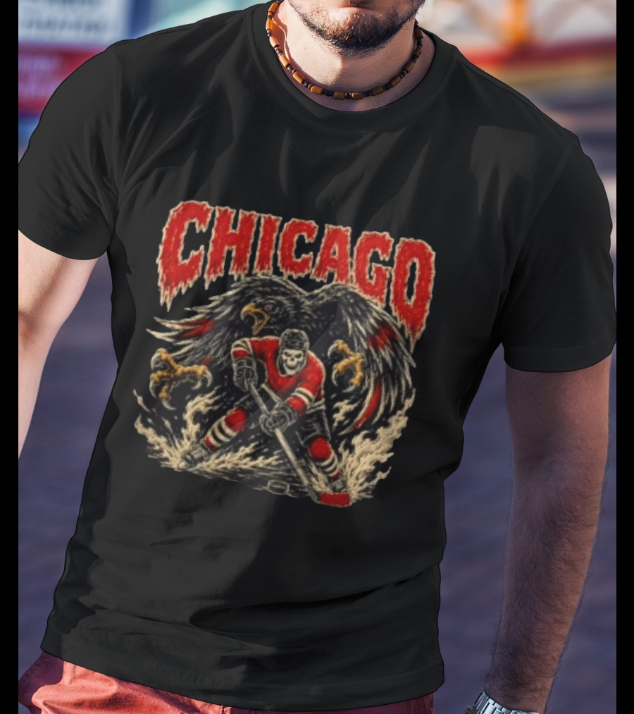 Chicago Blackhawks Skeleton Hockey Player With Hawk Wings T-Shirt
