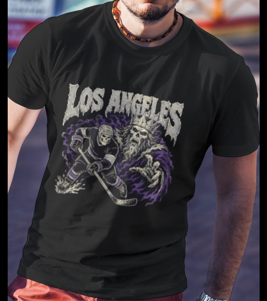 Los Angeles Kings Skeleton Hockey Player With Crowned King In Purple Cloak T-Shirt
