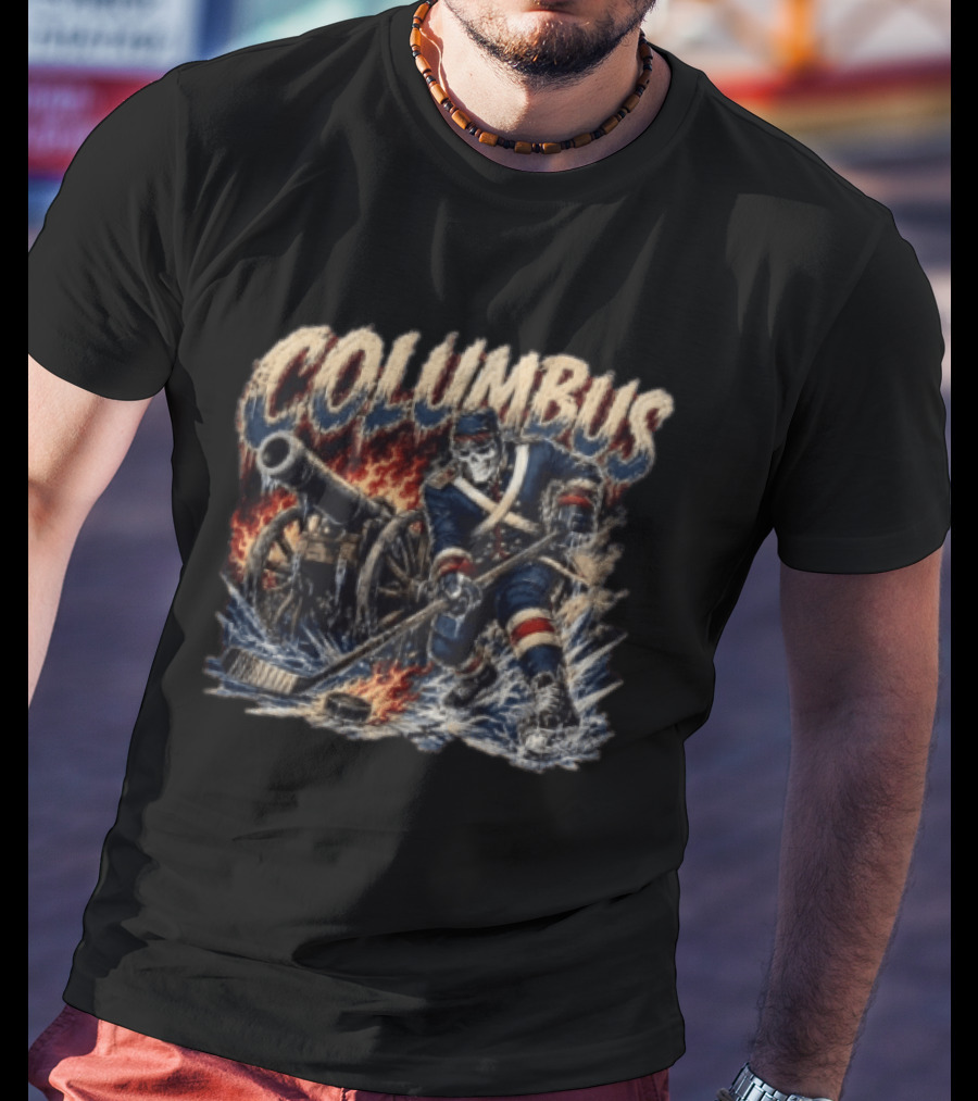 Columbus Blue Jackets Skeleton Hockey Player With Cannon And Ice T-Shirt
