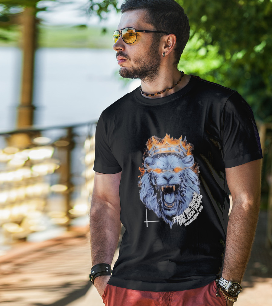 From The Throne The Lion Roars Revelation 5 5 Blue Flame Crown Lionhead T-Shirt