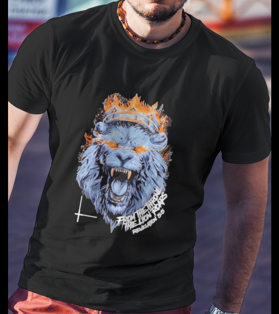 From The Throne The Lion Roars Revelation 5 5 Blue Flame Crown Lionhead T-Shirt