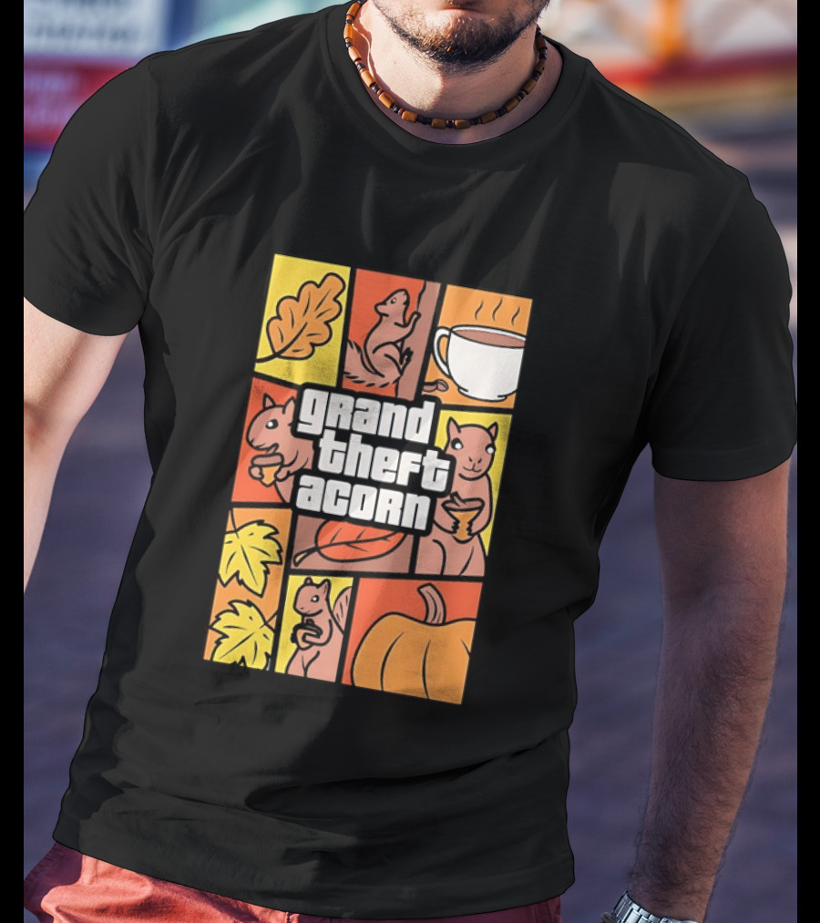 Grand Theft Acorn Autumn Squirrel Coffee Pumpkin Leaves T-Shirt