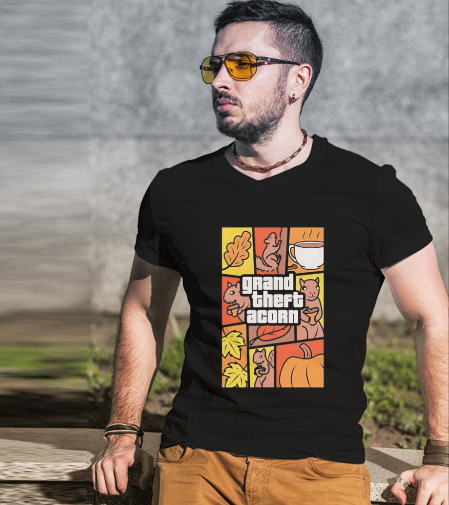 Grand Theft Acorn Autumn Squirrel Coffee Pumpkin Leaves T-Shirt