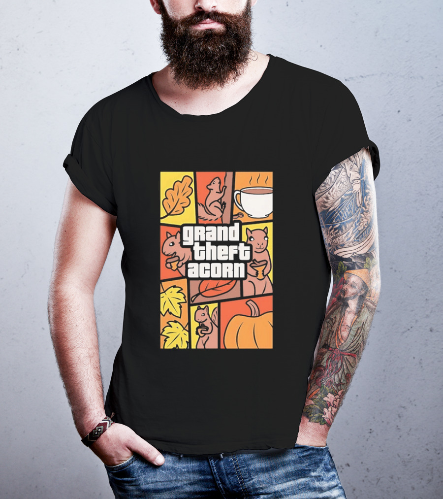 Grand Theft Acorn Autumn Squirrel Coffee Pumpkin Leaves T-Shirt