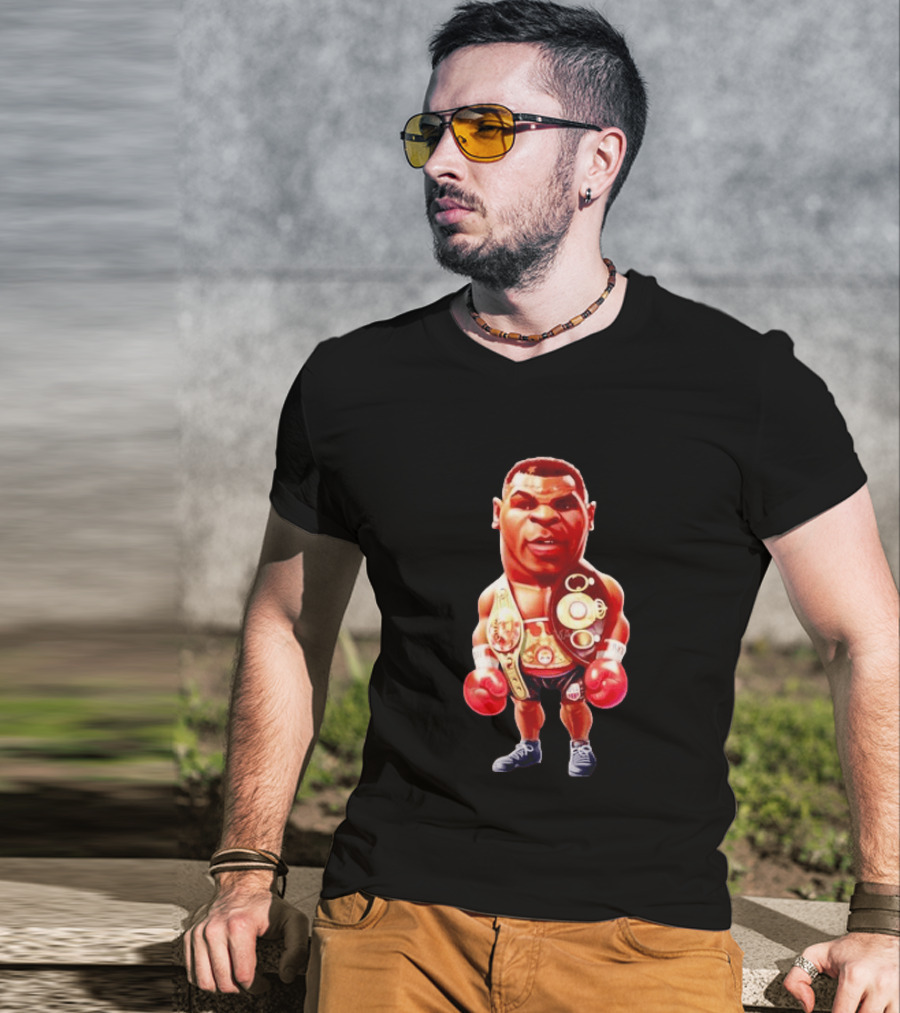 Mike Tyson Cartoon Boxing Champion With Championship Belts And Gloves T-Shirt