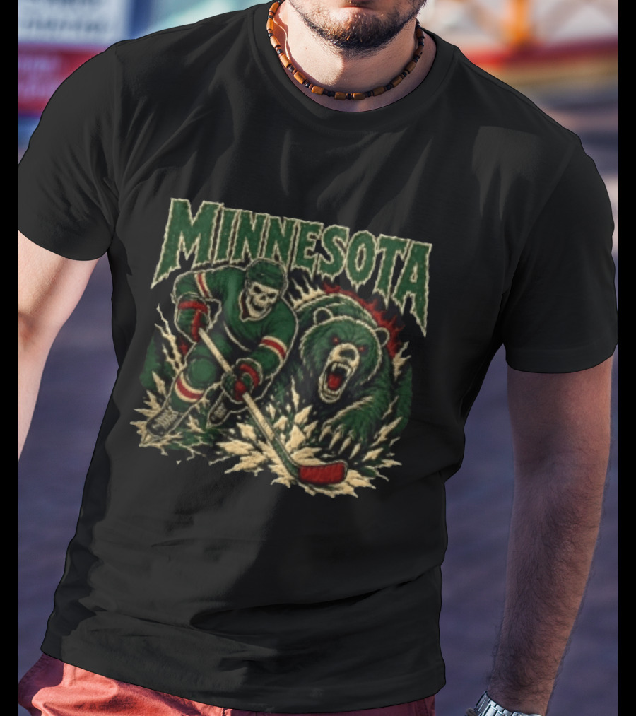 Minnesota Hockey Skeleton With Bear T-Shirt