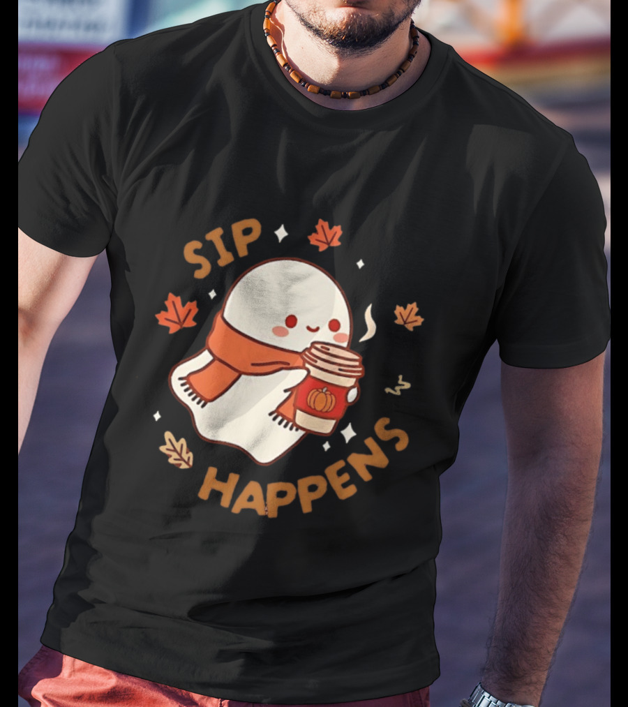 Sip Happens Ghost Pumpkin Spice Latte With Leaves And Scarf T-Shirt