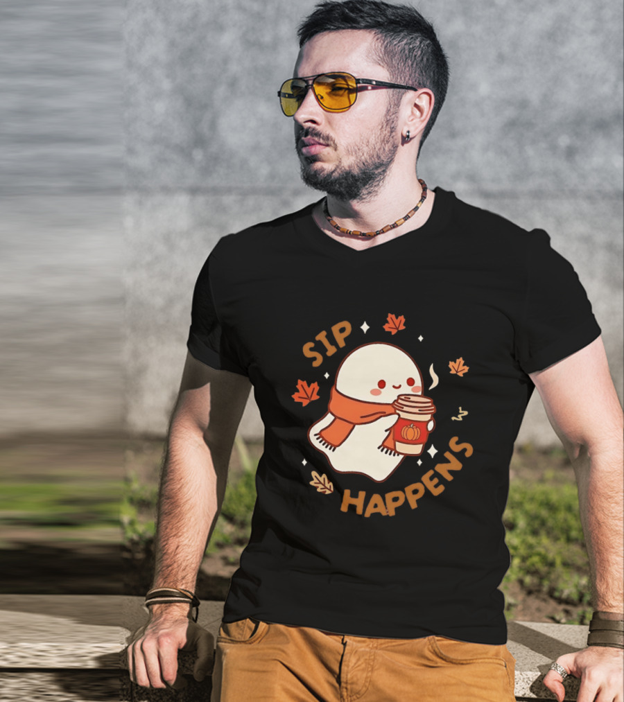 Sip Happens Ghost Pumpkin Spice Latte With Leaves And Scarf T-Shirt