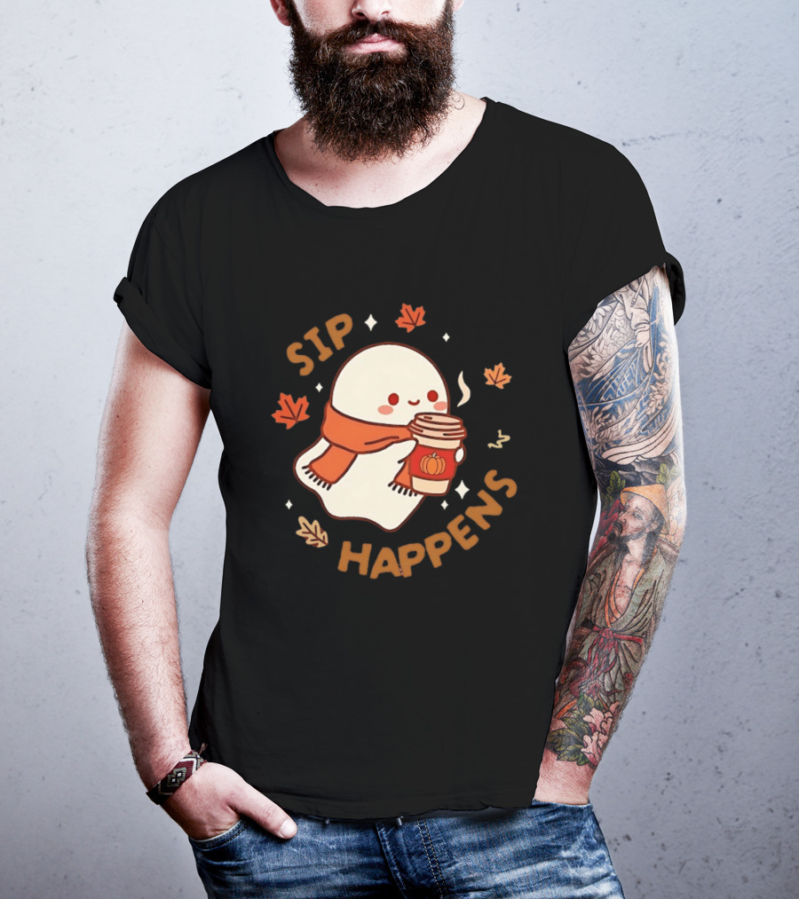 Sip Happens Ghost Pumpkin Spice Latte With Leaves And Scarf T-Shirt
