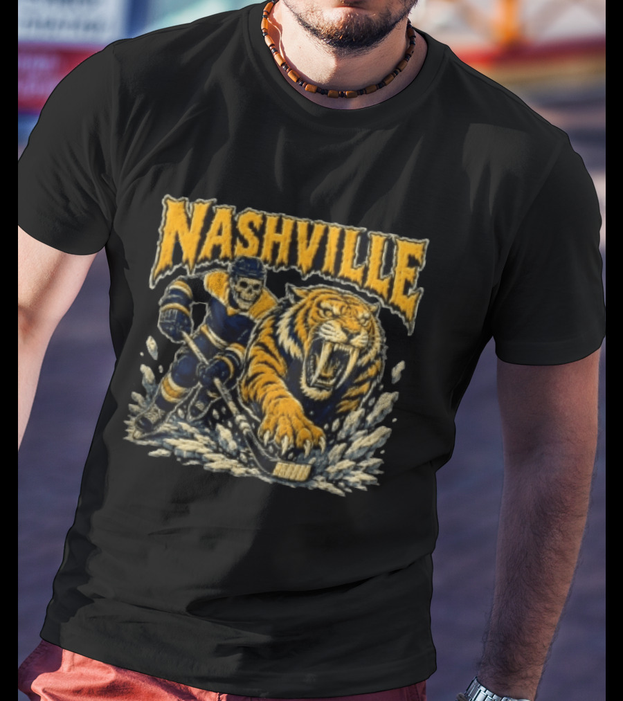 Nashville Hockey Skeleton Player With Fierce Tiger T-Shirt