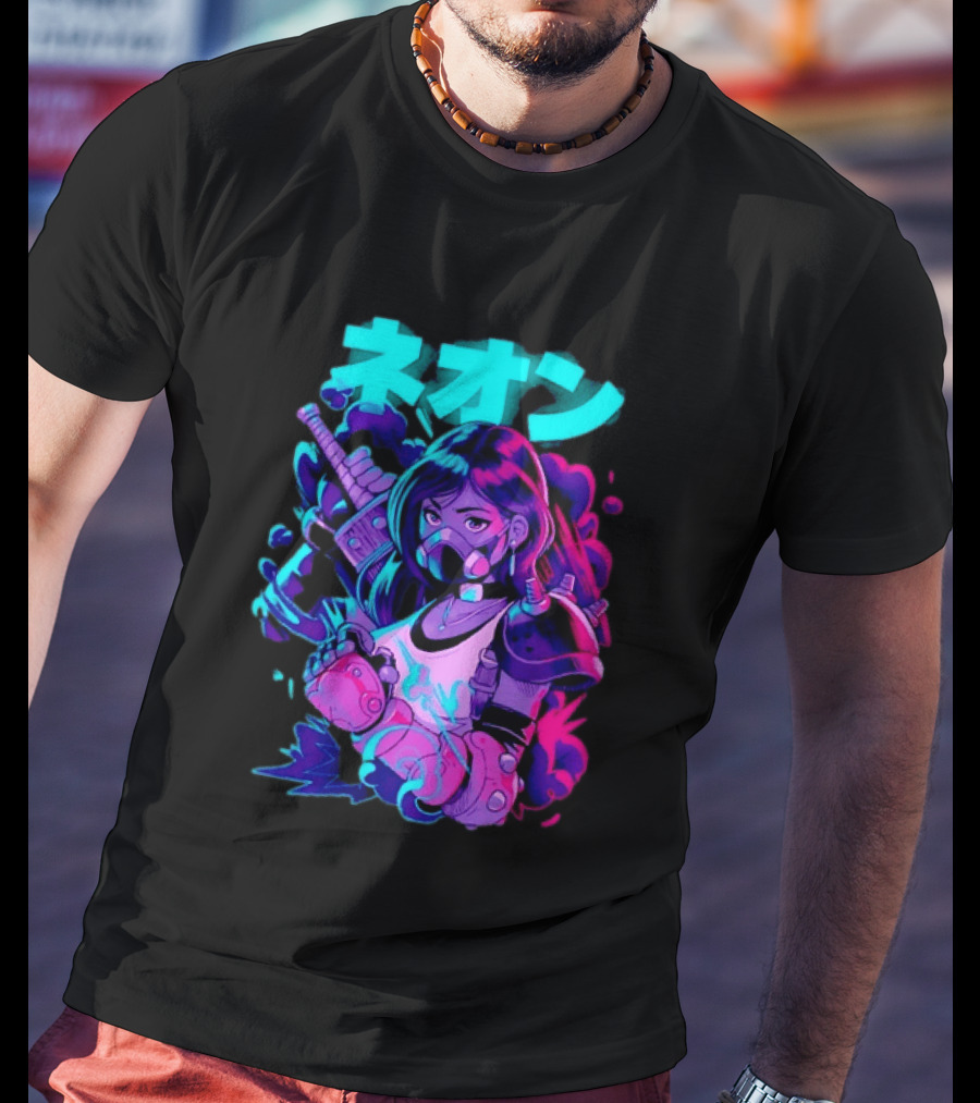 Neon Cyberpunk Anime Warrior Girl Futuristic Vaporwave Aesthetic T-Shirt