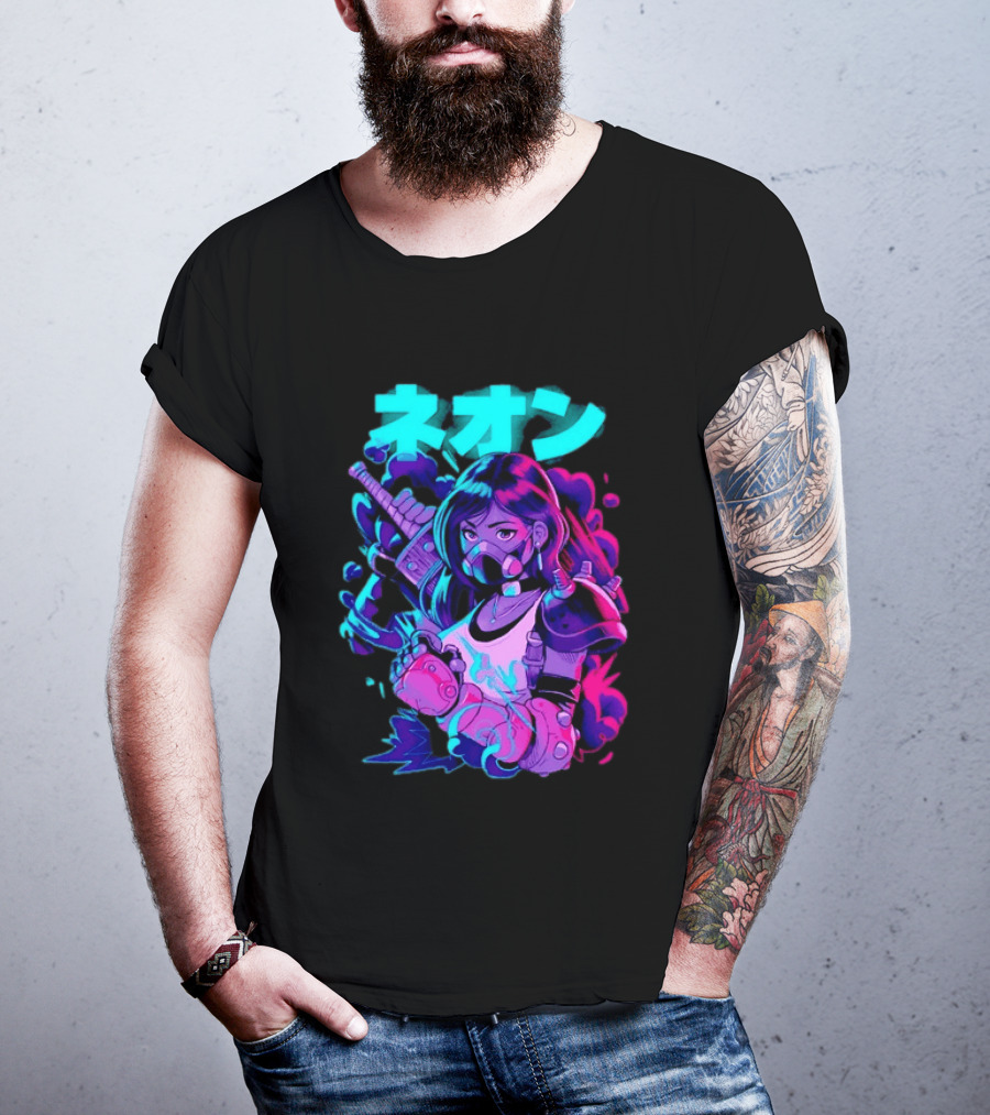 Neon Cyberpunk Anime Warrior Girl Futuristic Vaporwave Aesthetic T-Shirt