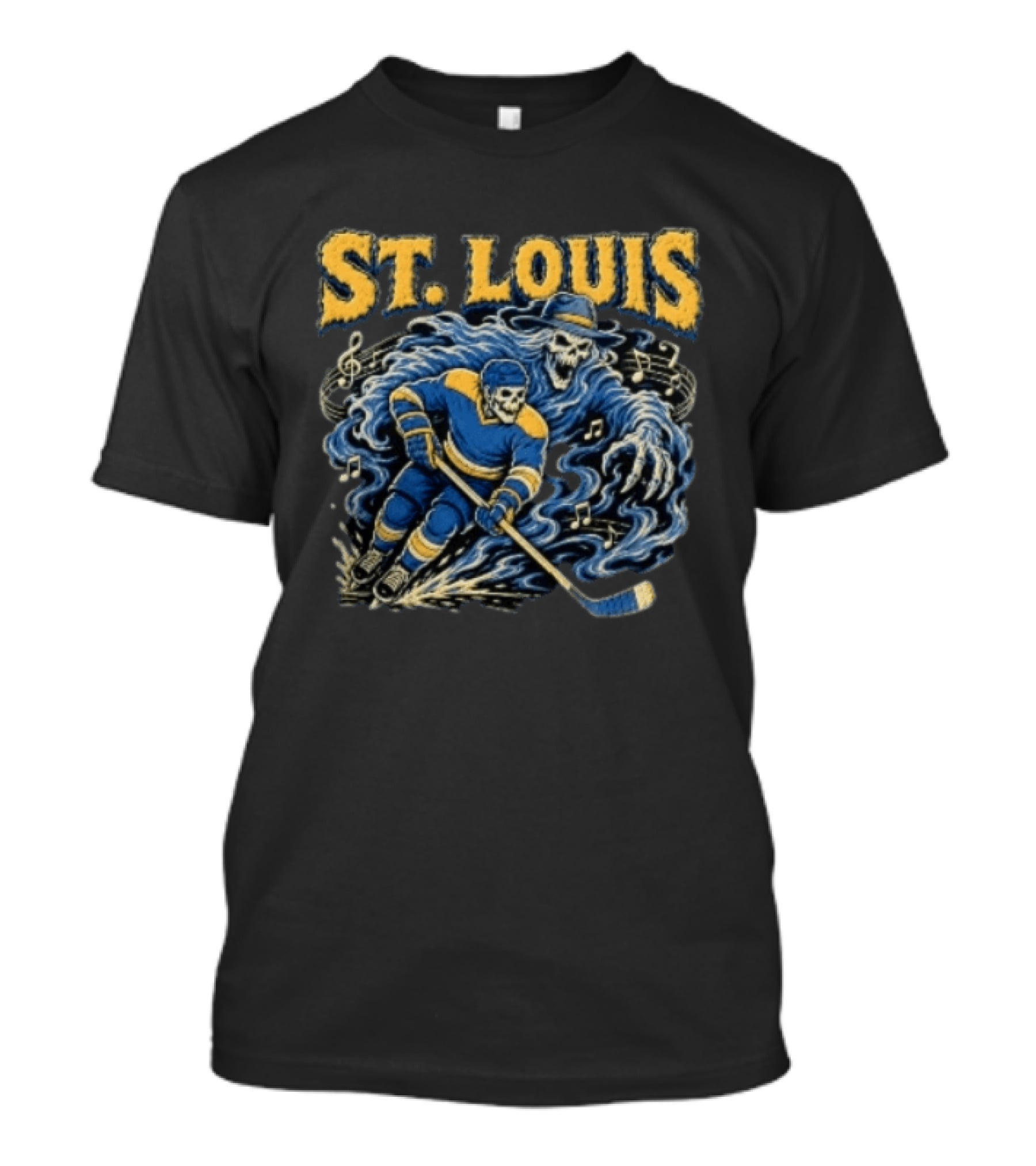 St. Louis Blues Hockey Skeleton Player With Music Notes And Ghostly Figure T-Shirt
