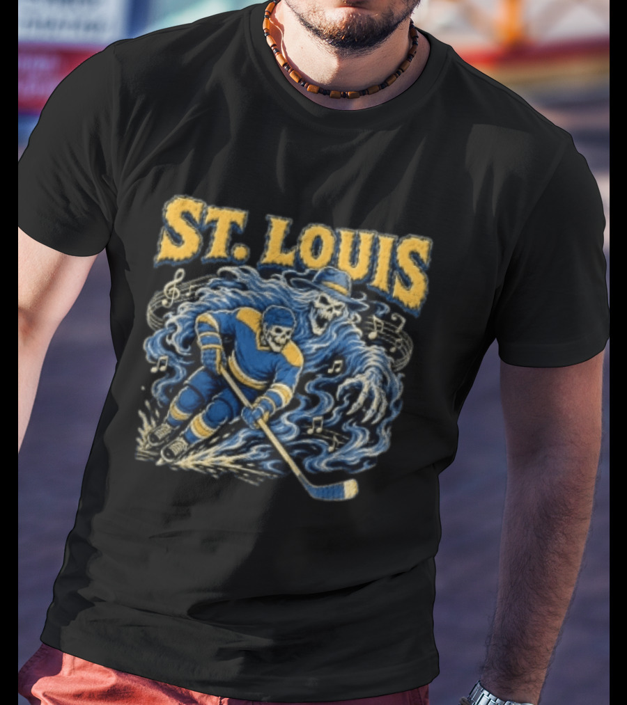 St. Louis Blues Hockey Skeleton Player With Music Notes And Ghostly Figure T-Shirt