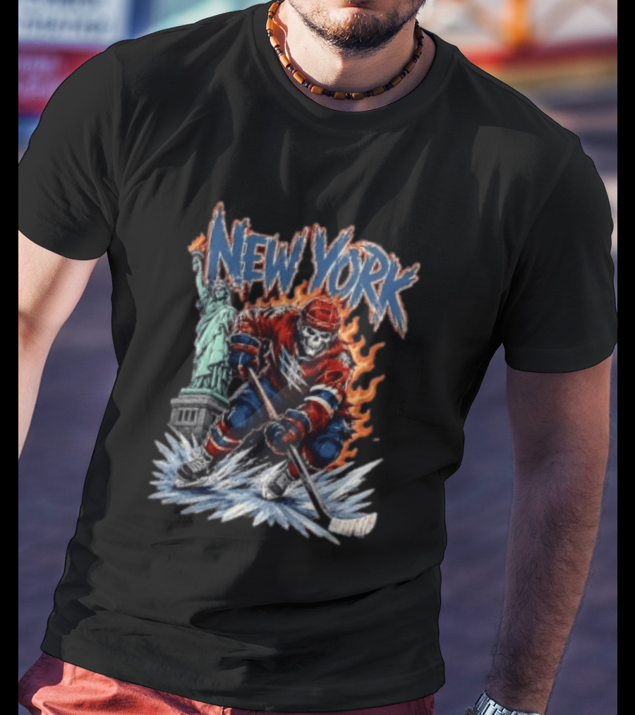 New York Rangers Skeleton Hockey Player Statue Of Liberty Flames T-Shirt