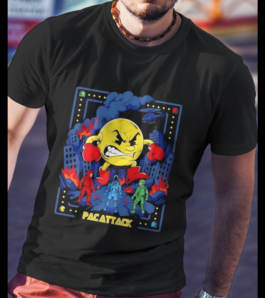 Pac Attack City Destruction Video Game Icon Battle Scene T-Shirt