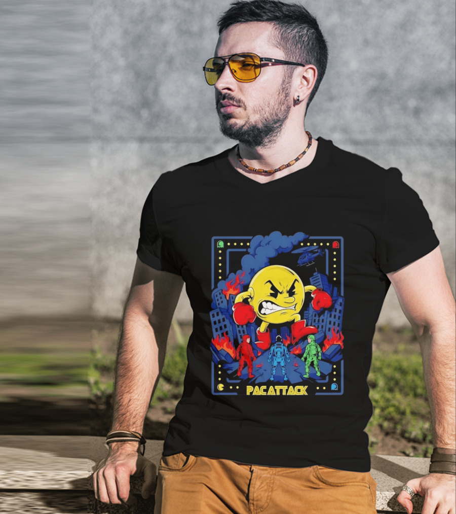 Pac Attack City Destruction Video Game Icon Battle Scene T-Shirt