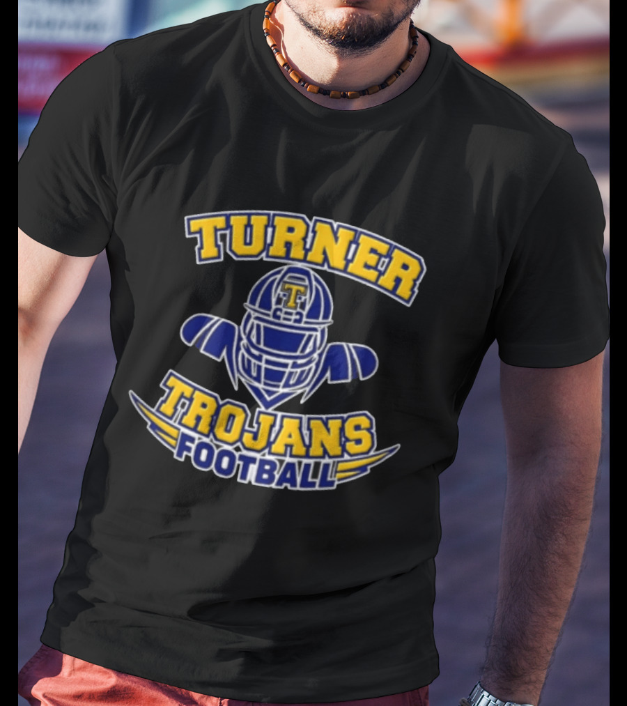 Turner Trojans Football Yellow Navy Helmet Shoulder Pads Gridiron T-Shirt